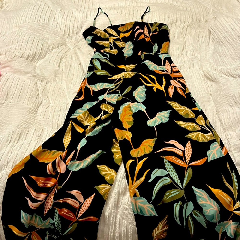 Patterned, wide leg jumpsuit.